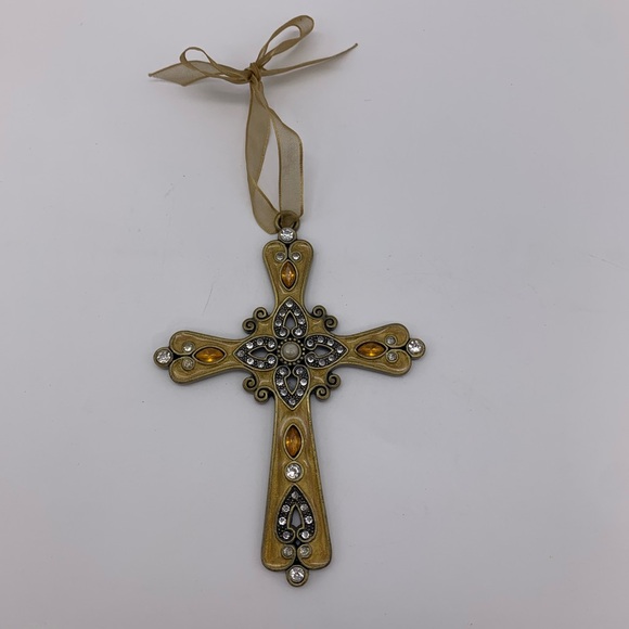 Gorgeous Vtg. Amber Gold Glitter Bronze Tone Metal Jeweled Cross Ornament - Picture 4 of 7